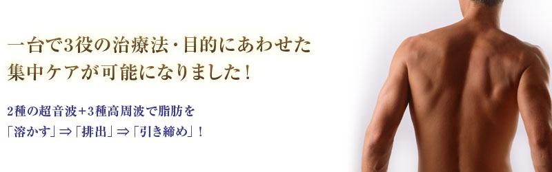 一台で3役の治療法・目的にあわせた集中ケアが可能になりました！2種の超音波＋3種高周波で脂肪を「溶かす」⇒「排出」⇒「引き締め」！
