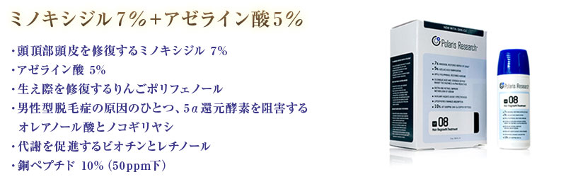 ミノキシジル７％＋アゼライン酸５％・頭頂部頭皮を修復するミノキシジル 7%・アゼライン酸 5%・生え際を修復するりんごポリフェノール・男性型脱毛症の原因のひとつ、5α還元酵素を阻害するオレアノール酸とノコギリヤシ・代謝を促進するビオチンとレチノール・銅ペプチド 10%（50ppm下）